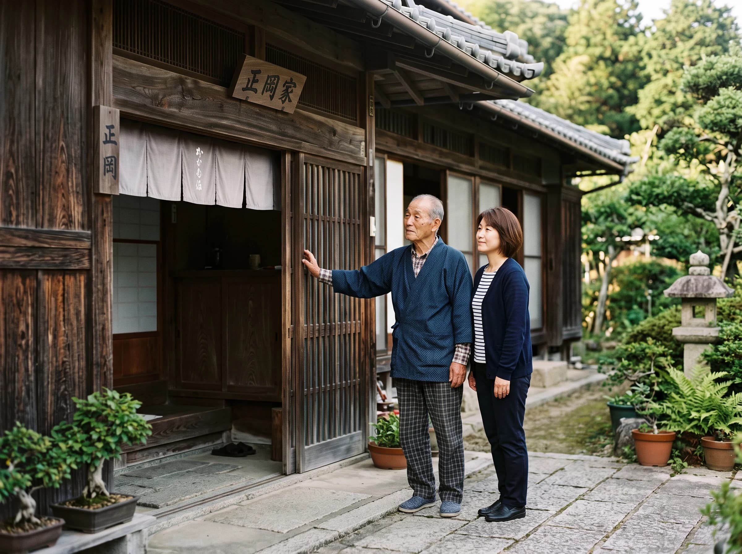 実家の前に立つ親子